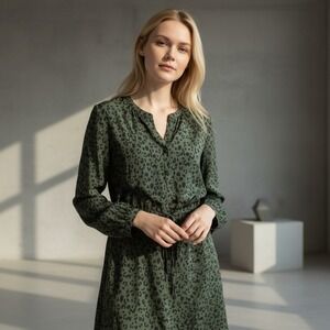 Rails Hana Olive Cheetah Silk Shirt Dress Small Tie Waist